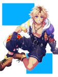  1boy belt blonde_hair blue_eyes chain_necklace commentary_request cropped_jacket final_fantasy final_fantasy_x gloves highres hood jacket jewelry male_focus necklace overalls simple_background smile solo tamagokake_shio tidus yellow_footwear 