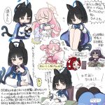  6+girls animal_ears barefoot black_eyes black_hair black_horns black_sailor_collar blue_archive blue_halo blue_neckerchief blush book braid calligraphy_brush cat&#039;s_cradle cat_ears cat_tail chlorella_observation_club_member_(blue_archive) closed_eyes closed_mouth eyeshadow halo hanako_(blue_archive) haniwa_(statue) haori highres holding holding_brush horns japanese_clothes kikyou_(blue_archive) long_hair long_sleeves makeup miranofuudoria multiple_girls multiple_tails neckerchief open_book open_mouth paintbrush pink_hair pink_halo purple_hair purple_halo red_eyes red_eyeshadow red_halo red_sailor_collar redhead renge_(blue_archive) sailor_collar school_uniform serafuku short_hair simple_background single_braid single_horn smile tail translation_request two_side_up two_tails white_background yukari_(blue_archive) 
