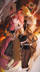  1girl animal_ears arknights black_pantyhose black_shirt black_shorts breasts commentary_request gloves highres jacket kirstin_(lan_yuxiu) long_hair looking_at_viewer navel one_ear_down pantyhose rabbit_ears rabbit_girl ray_(arknights) red_hair shirt shorts solo very_long_hair violet_eyes visor_cap whistle whistle_around_neck 