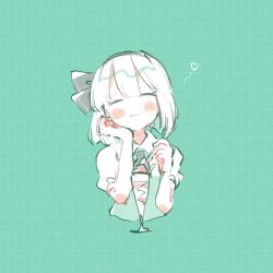  1girl =_= ascot black_ascot black_hairband black_ribbon blush_stickers closed_mouth collared_shirt commentary_request cropped_torso eating food green_background green_theme green_vest grid_background hair_ribbon hairband heart highres nig_18 parfait puffy_short_sleeves puffy_sleeves ribbon shirt short_hair short_sleeves smile solo touhou vest white_hair white_shirt 