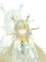  12pik12 1girl arknights bare_shoulders blonde_hair closed_mouth colored_extremities commentary dragon_girl dragon_horns earrings finger_to_own_chin green_eyes grey_hair hair_between_eyes hair_intakes highres horns jacket jewelry long_hair necklace off_shoulder pointy_ears shu_(arknights) solo strapless tube_top upper_body white_background white_jacket white_tube_top zoom_layer 