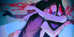  2girls bathtub black_hair blood blood_stain blue_eyes chainsaw_man collared_shirt commentary dress drop_shadow empty_bathtub hands_up highres hug jongjeh lips long_hair long_sleeves looking_at_viewer mitaka_asa multiple_girls pinafore_dress red_eyes shirt sleeveless sleeveless_dress sleeves_rolled_up smile twintails white_shirt wing_collar yoru_(chainsaw_man) 