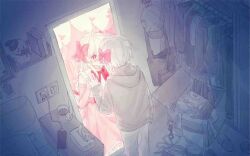  1boy 1girl bow closed_mouth doorway dress facing_another fringe_trim from_behind hair_bow highres hood hoodie indoors long_hair looking_at_another mafumafu manun-chan messy_room okitsunene pink_dress red_eyes standing upper_body white_hair 
