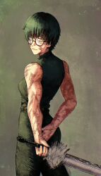  1girl absurdres bare_shoulders belt closed_mouth green_hair highres holding holding_sword holding_weapon jujutsu_kaisen multiple_scars muscular muscular_female renko_040 round_eyewear scar scars_all_over short_hair solo sword weapon yellow_eyes zen'in_maki zen'in_maki_(post-shibuya) 