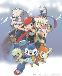  1girl 3boys anniversary bag barry_(pokemon) beanie black_hair blonde_hair blue_hair chimchar clenched_hands commentary_request copyright_name group_picture hair_ornament hand_on_own_hat hat hikari_(pokemon) jacket looking_at_viewer lucas_(pokemon) mountain multiple_boys official_art one_eye_closed orange_eyes pants partially_shaded_face piplup pokemon pokemon_(creature) pokemon_adventures pokemon_diamond/pearl/platinum poketch professor_rowan red_hat scarf shirt short_hair short_sleeves skirt smile starter_pokemon_trio turtwig watch watch white_hair white_hat yamamoto_satoshi yellow_bag 