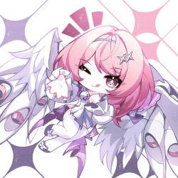  1girl :p ;p breasts chibi commentary dress feathered_wings highres jfifwebp looking_at_viewer mechanical_wings one_eye_closed pink_hair remielle_dan simple_background solo thigh-highs tongue tongue_out violet_eyes white_background white_dress white_thighhighs white_wings wings zenless_zone_zero 