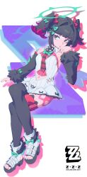 1girl absurdres angel_wings aqua_bow aqua_halo black_hair black_thighhighs blunt_bangs boots bow collared_shirt commentary_request crossed_legs detached_sleeves english_text full_body fur_trim hair_bow hair_intakes hair_ornament halo hand_on_own_cheek hand_on_own_face hand_up highres logo long_hair looking_to_the_side multicolored_hair nail_polish nangong_yu navel necktie open_mouth pale_skin paoguangji_na pink_bow pink_eyes pink_nails platform_boots shirt simple_background sitting thigh-highs white_background white_wings wings zenless_zone_zero 