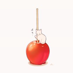  animal candy_apple cat chai_(drawingchisanne) commentary_request food food_focus no_humans original simple_background solid_circle_eyes translation_request white_background 