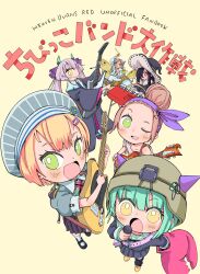  6+girls :d :o ;d absurdres aqua_hair black_robe black_skirt blunt_bangs blush bob_cut bright_pupils brown_hair bungo_yayoi closed_mouth comiket_108 commentary_request copyright_name cover cover_page dark-skinned_female dark_skin doujin_cover drum drumsticks e4illust eyelashes eyes_visible_through_hair fake_horns foreshortening full_body green_eyes grey_hair grey_hat guitar hair_between_eyes hair_bun hair_ornament hair_over_one_eye hair_ribbon hair_slicked_back hairclip hat heaven_burns_red helmet highres holding holding_drumsticks holding_guitar holding_instrument holding_microphone horned_helmet horns instrument keyboard_(instrument) long_hair long_sleeves looking_at_viewer maruyama_kanata maruyama_squad_(heaven_burns_red) microphone miniskirt multiple_girls ogasahara_hisame one_eye_closed one_eye_covered ooshima_yotsuha open_mouth parallel_hairclips pleated_skirt purple_ribbon red_eyes ribbon robe short_hair simple_background single_hair_bun skirt smile tareme tenne_miko translation_request twintails vritika_balakrishnan white_pupils wide_sleeves witch_hat yellow_background yellow_eyes 