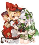  2girls black_gloves blonde_hair bow bow_legwear brown_footwear chestnut_mouth cross-shaped_pupils dress full_body genshin_impact glove_bow gloves gotoh510 gradient_hair green_eyes green_hair grey_hair hair_between_eyes hair_bow hat hat_bow highres klee_(blossoming_starlight)_(genshin_impact) klee_(genshin_impact) long_hair looking_at_another multicolored_hair multiple_girls nahida_(genshin_impact) official_alternate_costume one_eye_closed open_mouth pointy_ears red_bow red_dress red_eyes red_headwear short_sleeves side_ponytail simple_background smile stirrup_footwear symbol-shaped_pupils teeth thigh-highs toeless_footwear twintails vision_(genshin_impact) white_background white_thighhighs witch_hat 
