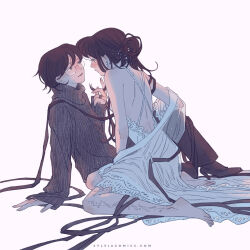  2girls absurdly_long_hair backless_dress backless_outfit bare_arms bare_shoulders barefoot black_hair blush brown_pants brown_shoes brown_sweater commentary_request dated_commentary dress eye_contact glasses high_heels highres jewelry knee_up long_hair long_sleeves looking_at_another maybe_kizuna multiple_girls original pants parted_lips playing_with_another's_hair ring round_eyewear shawl shoes short_hair sitting sleeves_past_wrists smile sweater turtleneck turtleneck_sweater very_long_hair white_dress white_shawl yokozuwari yuri 