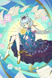  bare_shoulders blue_dress bow clothing_cutout detached_sleeves dress elbow_gloves floating flower flying_paper frilled_dress frills full_body gloves gradient_clothes gradient_dress green_eyes grey_hair hair_bow hair_ornament hair_rings hands_up highres holding knees_together_feet_apart knees_up layered_dress leg_ribbon low_twintails luo_tianyi navel navel_cutout non-web_source paper pink_flower ribbon sheet_music shoes solo twintails vocaloid vsinger_(vocaloid) 