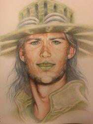  1boy beard commentary_request cowboy_hat facial_hair goggles goggles_on_headwear gold_teeth graphite_(medium) green_eyes green_hat green_lips green_shirt grey_hair grills gyro_zeppeli hat high_collar highres hitomi_(ekakinohitomi) jojo_no_kimyou_na_bouken lipstick looking_at_viewer makeup male_focus portrait shirt smile solo steel_ball_run traditional_media 