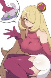  1girl alternate_breast_size_(larger) blonde_hair boots breasts commentary_request cosplay crown cynthia_(pokemon) dragon elbow_gloves gloves goomy grey_eyes hair_over_one_eye high_heel_boots high_heels large_breasts long_hair mini_crown mituyota_76 pokemon pokemon_(creature) pokemon_diamond/pearl/platinum purple_boots purple_gloves shirt skirt slug solo_focus stepped_on strapless strapless_shirt thigh_boots thighs tsareena tsareena_(cosplay) very_long_hair white_skirt 