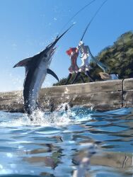  >_< 2girls animal aqua_hair black_shirt blue_sky clear_sky commentary day drill_hair fish fishing fishing_rod hatsune_miku highres holding holding_fishing_rod kasane_teto kasane_teto_(utau) long_hair marlin_(fish) multiple_girls necktie outdoors red_hair reflection ruki_art shirt sky twin_drills twintails very_long_hair vocaloid water white_shirt wide_shot 