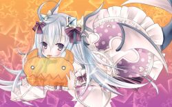  1girl ahoge blue_hair bow commentary_request detached_sleeves emil_chronicle_online fins flipped_hair frilled_skirt frilled_tube_top frills gradient_background grey_eyes hair_bow halloween head_fins holding holding_pumpkin lizrin long_hair lorelei_lore low_wings lying merfolk mermaid monster_girl on_stomach orange_background pink_skirt pumpkin purple_background red_bow skirt solo strapless tube_top white_tube_top wide_sleeves wings 