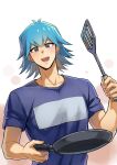  1boy absurdres blue_hair blue_shirt bruno_(yu-gi-oh!) hand_up highres holding holding_pan holding_spatula looking_at_viewer male_focus open_mouth shirt short_hair simple_background smile solo spatula standing t-shirt upper_body violet_eyes youko-shima yu-gi-oh! yu-gi-oh!_5d&#039;s 