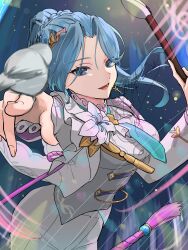  1girl :d bird bird_on_hand blue_eyes blue_hair commentary_request cowboy_shot floating_hair flower hanamura_shiki hanamura_shiki_(radiant_cantabile) heaven_burns_red highres index_finger_raised jacket long_hair looking_at_viewer official_alternate_costume official_alternate_hairstyle open_mouth pants parted_bangs pointing pointing_at_viewer ponytail sakura_no_yoru shirt signature smile solo vest white_flower white_pants 