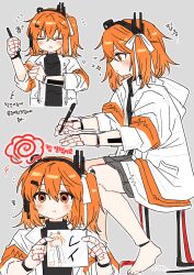  1girl a.i._voice adachi_rei android barefoot black_shirt blush_stickers bs_leeon cable cardiogram_print character_name commentary_request doll_joints drawing_(action) drawing_(object) grey_background grey_skirt hair_ornament hair_ribbon hairclip headlamp headset highres holding holding_drawing holding_marker hood hood_down hooded_jacket invisible_chair jacket joints korean_commentary korean_text looking_at_viewer marker mechanical_arms mechanical_legs multiple_views notice_lines orange_eyes orange_hair profile radio_antenna ribbon shirt side_ponytail signing simple_background sitting skirt sleeves_rolled_up sparkle translation_request utau white_jacket white_ribbon 