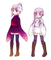  1girl blush boots brown_boots closed_mouth commentary_request fox_mask full_body holding holding_mask japanese_clothes kimono mask mask_on_head multiple_views obi official_alternate_color purple_hair purple_kimono purple_thighhighs red_sash ringed_eyes ruiko_(sad) sash sekaiju_no_meikyuu sekaiju_no_meikyuu_3 shinobi_(sekaiju) shinobi_4_(sekaiju) short_hair simple_background sleeves_past_fingers sleeves_past_wrists thigh-highs white_background wide_sleeves 