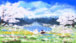  2girls black_dress black_hat blue_sky cherry_blossoms day dress hat highres kellet lake lily_black lily_white meadow mountainous_horizon multiple_girls nature outdoors scenery sky touhou tree white_dress white_hat wide_shot 