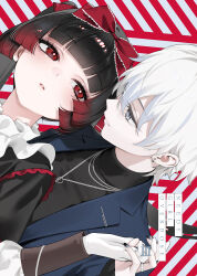  2girls absurdres black_hair black_nails black_shirt blue_jacket blunt_bangs bow chain chain_necklace commentary_request dress ear_piercing earrings frills gloves gokubara_michika gradient_hair grey_eyes hair_bow happy_new_year highres holding_hands jacket jewelry lolita_fashion long_hair long_sleeves looking_at_another multicolored_hair multiple_girls nechika-sama necklace needy_girl_overdose needy_girl_overdose_(anime) official_art ohisashiburi parted_lips piercing red_bow red_eyes red_hair ring second-party_source shirt short_hair smile turtleneck twintails white_gloves white_hair yuri 