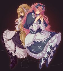  2girls apron back-to-back belt black_shoes black_socks blank_eyes blind blonde_hair blue_capelet blue_corset blue_dress blue_eyes blue_ribbon blue_shoes blush bronseeler capelet commentary corset curtained_hair dress english_commentary flower frilled_apron frilled_dress frills grey_background hair_ribbon harpae highres invisible_chair lipstick lisette_(pocket_mirror) long_hair long_sleeves looking_at_another looking_back looking_down makeup midair multiple_girls outer_glow own_hands_together parted_lips pink_hair pocket_mirror purple_belt purple_flower purple_rose ribbon ribbon-trimmed_socks ribbon_trim rose shoes short_twintails sitting socks steepled_fingers twintails very_long_hair violet_eyes wavy_hair white_apron white_headdress white_socks 