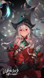  1girl absurdres aqua_gloves aqua_hat arknights ascot bare_shoulders black_ascot breasts chinese_commentary chromatic_aberration clothing_cutout commentary_request cowboy_shot crazy_smile detached_sleeves dress empty_eyes floating_hair gloves gradient_background grey_hair hair_between_eyes hat highres large_breasts long_hair long_sleeves looking_at_viewer navel_cutout official_alternate_costume okasaki_ushio_(03103335) red_dress red_eyes skadi_(arknights) skadi_the_corrupting_heart_(arknights) smile solo very_long_hair 