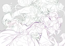  2girls closed_eyes commentary_request cranberry_(mahoiku) dress edoya_pochi flower forest_musician_cranberry_gaiden:_magical_girl_raising_project_unripe_duet frilled_dress frills grey_background hand_on_another's_waist hat highres long_hair looking_at_another magical_girl mahou_shoujo_ikusei_keikaku miiya_octave multiple_girls rose short_hair sketch yuri 