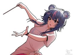  1girl animal_ears artist_name bare_arms bear_ears bear_girl blue_eyes blue_hair commentary conductor_baton english_commentary fujikura_uruka highres kluverdesigns multicolored_hair notched_ear open_mouth phase_connect shirt short_hair_with_long_locks short_sleeves simple_background solo streaked_hair t-shirt tied_shirt virtual_youtuber white_background white_shirt wristband 
