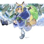  :d animal_ear_fluff animal_ears arm_guards arm_up black_gloves blonde_hair blue_footwear blue_headband boots brown_eyes fang fingerless_gloves fox_ears fox_girl fox_tail full_body gloves grey_thighhighs hair_between_eyes hair_intakes headband highres holding holding_leaf indie_virtual_youtuber kamiya_ris kitsune konno_takashi leaf leaf_umbrella long_sleeves looking_at_viewer shoe_soles short_eyebrows smile snow tail thick_eyebrows thigh-highs thighhighs_under_boots virtual_youtuber walking wide_sleeves 