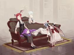  4girls arm_support bat_wings black_skirt black_vest book bow carpet closed_eyes closed_mouth commentary_request couch dress grey_hair hair_spread_out hand_on_own_face hat hat_bow head_wings highres holding holding_book indoors izayoi_sakuya lap_pillow long_hair maid_headdress missing_headwear mob_cap multiple_girls on_couch one_eye_closed puff_of_air purple_hair red_bow red_hair riki6 short_hair short_sleeves sitting skirt sleeping standing tile_floor tiles touhou vest waist_bow white_dress wings 