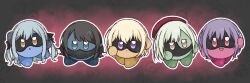  apple_rainy ave_mujica_(bang_dream!) bang_dream! bang_dream!_it's_mygo!!!!! beret black_hair black_mask blonde_hair blue_eyes blue_hair commentary_request eye_mask green_hair hat kirby kirby_(series) looking_at_viewer mask masquerade_mask misumi_uika mouth_mask outline parody purple_hair red_hat style_parody togawa_sakiko violet_eyes wakaba_mutsumi white_outline yahata_umiri yellow_eyes yuutenji_nyamu 