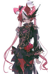  1girl absurdres animal_ear_fluff animal_ears black_hair black_jacket black_shorts black_streaks blue_eyes blush boots crown dino_(dinoartforame) english_commentary epaulettes eye_mask flower hair_between_eyes hakos_baelz hakos_baelz_(regalia) half_eye_mask highres hololive hololive_english jacket looking_at_viewer mask mini_crown mouse_ears mouse_tail multicolored_hair red_flower red_hair red_rose red_thighhighs rose shorts showgirl_skirt standing streaked_hair tail thigh-highs thigh_boots virtual_youtuber white_background white_hair 
