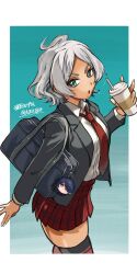  1girl absurdres ahoge bag black_jacket border charm_(object) collared_shirt commentary_request cross_tie cup drinking_straw green_eyes gundam gundam_suisei_no_majo highres holding holding_cup jacket loose_necktie necktie nekomiya_mizuki open_mouth parted_bangs pleated_skirt red_cross_tie red_skirt rouji_chante saliva saliva_trail school_bag school_uniform secelia_dote shirt short_hair skindentation skirt solo thigh-highs white_border white_hair zettai_ryouiki 