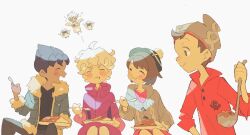  1girl 3boys :d :t ^_^ beanie bede_(pokemon) bin_aham black_pants black_shirt blush brown_hair cardigan closed_eyes closed_mouth coat commentary_request curry eating food food_on_face gloria_(pokemon) green_hat grey_cardigan grey_hat hat highres holding holding_ladle holding_plate holding_spoon hood hooded_cardigan hop_(pokemon) jacket korean_commentary ladle multiple_boys open_clothes open_jacket open_mouth pants plate pokemon pokemon_sword_and_shield purple_coat red_shirt shirt short_hair smile spoon tam_o'_shanter victor_(pokemon) 