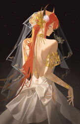  1girl absurdres arknights armlet back back_bow bare_back bare_shoulders black_background bow bracelet bridal_veil choker clothing_cutout commentary_request cowboy_shot dark_background demon_horns dress earrings from_behind gold_armlet gold_bracelet gold_ring hair_ornament highres hip_vent horns jewelry light_particles long_hair looking_at_viewer looking_back median_furrow orange_hair profile ring shoulder_blades sideways_glance solo surtr_(arknights) tr41sen veil very_long_hair violet_eyes wedding_dress white_dress 