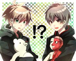  !? 2boys ahoge aka_ruuko antenna_hair blush brain brown_eyes brown_hair checkered_background danganronpa:_trigger_happy_havoc danganronpa_(series) dual_persona green_eyes green_jacket holding holding_stuffed_toy jacket monokuma multiple_boys naegi_makoto prototype_design stuffed_animal stuffed_toy sweat teddy_bear 
