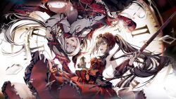  2girls black_hair commentary_request date_a_live dress dual_wielding frilled_dress frilled_hairband frills gun hairband heterochromia highres holding holding_gun holding_weapon jacknavy jetavie_(pgr) lolita_hairband mismatched_pupils multiple_girls open_mouth pointy_ears punishing:_gray_raven red_dress red_eyes red_skirt roman_numeral rotational_symmetry shirt skirt symbol-shaped_pupils tokisaki_kurumi twintails weapon white_hair white_shirt x-shaped_pupils yellow_eyes 