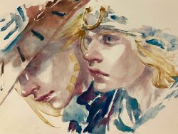  2boys adam's_apple blonde_hair blue_eyes blue_hat blue_shirt brown_hat closed_mouth commentary_request cowboy_hat cropped_shoulders facial_hair gyro_zeppeli ha_ya_shi_ma hat highres horseshoe_ornament johnny_joestar jojo_no_kimyou_na_bouken male_focus medium_hair multiple_boys profile shirt simple_background steel_ball_run traditional_media 