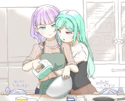  4girls absurdres apron aqua_eyes aqua_hair baking blue_hair blush brown_sweater closed_mouth commentary_request green_apron highres holding hug hug_from_behind indoors jewelry kitchen long_hair love_live! love_live!_superstar!! medium_hair mixer_(cooking) mixing_bowl mother_and_child mother_and_daughter multiple_girls necosaghi onitsuka_tomari open_mouth parent_and_child pink_eyes purple_hair ring science_babies shirt sweatdrop sweater wedding_ring white_shirt wien_margarete wife_and_wife yuri 
