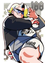  1boy absurdres belly black_jacket blonde_hair colored_tips english_commentary fat gordie_(pokemon) grey_shirt grey_shorts grin highres holding holding_poke_ball jacket looking_at_viewer male_focus multicolored_hair nifast_(greentail) plump poke_ball pokemon pokemon_sword_and_shield shirt shorts smile 
