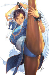  1girl black_hair blue_panties breasts chinese_clothes chun-li commentary_request double_bun hair_bun hair_ribbon highres homare_(fool's_art) panties pantyhose ribbon spiked_wristband split spread_legs standing standing_on_one_leg standing_split street_fighter thighs underwear 