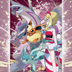  1girl absurdres artist_name bare_shoulders black_sclera blonde_hair blue_eyes clenched_hand closed_mouth colored_sclera commentary company_name copyright_notice english_commentary espeon eyelashes fangs flareon forehead_jewel from_side glaceon hairband highres hisuian_poke_ball holding holding_poke_ball irida_(pokemon) merchandise_available official_style open_mouth outline palkia poke_ball pokemon pokemon_(creature) pokemon_legends:_arceus pokemon_team purple_sclera red_eyes red_hairband short_hair shorts smile standing tom_higgins watermark white_eyes white_outline white_shorts 