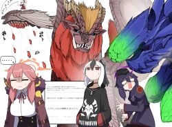  ... 4girls absurdres aru_(blue_archive) bazelgeuse black_hair blue_archive blue_eyes brachydios chads_dancing_to_california_gurls_(meme) coat coat_on_shoulders collared_shirt commentary_request crossover demon_horns dragon flying fur-trimmed_coat fur_trim grey_halo halo hands_in_pockets haruka_(blue_archive) hat highres hood hoodie horns jacket kayoko_(blue_archive) looking_at_animal meme military_hat monster monster_hunter_(series) multicolored_hair multiple_girls mutsuki_(blue_archive) nervous_sweating nubebenbe open_mouth orange_halo pink_hair pointy_ears problem_solver_68_(blue_archive) purple_fur purple_hair purple_halo purple_jacket red_eyes red_fur red_halo riding riding_animal scales sharp_teeth shirt skirt slime_(substance) speech_bubble spoken_ellipsis sweat sweatdrop teeth teostra trait_connection tusks white_hair white_shirt 