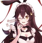  1girl alternate_costume amber_(genshin_impact) animal_ears breasts brown_hair closed_eyes genshin_impact hair_between_eyes long_hair maid medium_breasts open_mouth pochimaru_(marumaru_wanwan) rabbit_ears smile unfinished yellow_eyes 