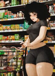  absurdres afro bags_under_eyes black_eyes black_shirt black_shorts blush breasts casato commentary curly_hair ellie_(casato) english_commentary highres large_breasts looking_to_the_side navel original pants shiny_skin shirt shop shopping_cart shorts sweatdrop thick_thighs thighs tight_clothes tight_pants 
