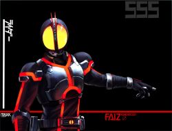  1boy armor black_background bodysuit breastplate character_name chinese_commentary commentary compound_eyes copyright_name faiz_driver faiz_pointer glowing glowing_eyes helmet kamen_rider kamen_rider_555 kamen_rider_faiz male_focus max-k open_hand outstretched_arm pauldrons radio_antenna rider_belt shoulder_armor simple_background solo tokusatsu upper_body yellow_eyes 