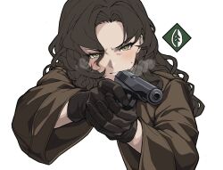  1girl aiming black_gloves black_hair brown_jacket commentary_request gloves green_eyes heavy_breathing jacket jajimalgeol korean_commentary long_hair moldir_(reverse:1999) reverse:1999 upper_body white_background 