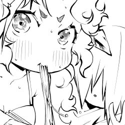  2girls :o blush camisole chopsticks clip_studio_paint_(medium) close-up commentary cropped dragon_girl dragon_horns eating eudetenis food greyscale hair_over_eyes helles_(eudetenis) highres holding holding_chopsticks horns kolsch_(eudetenis) lineart long_hair looking_at_viewer monochrome multiple_girls noodles original ramen romaji_commentary short_eyebrows thick_eyebrows w wavy_hair white_background 